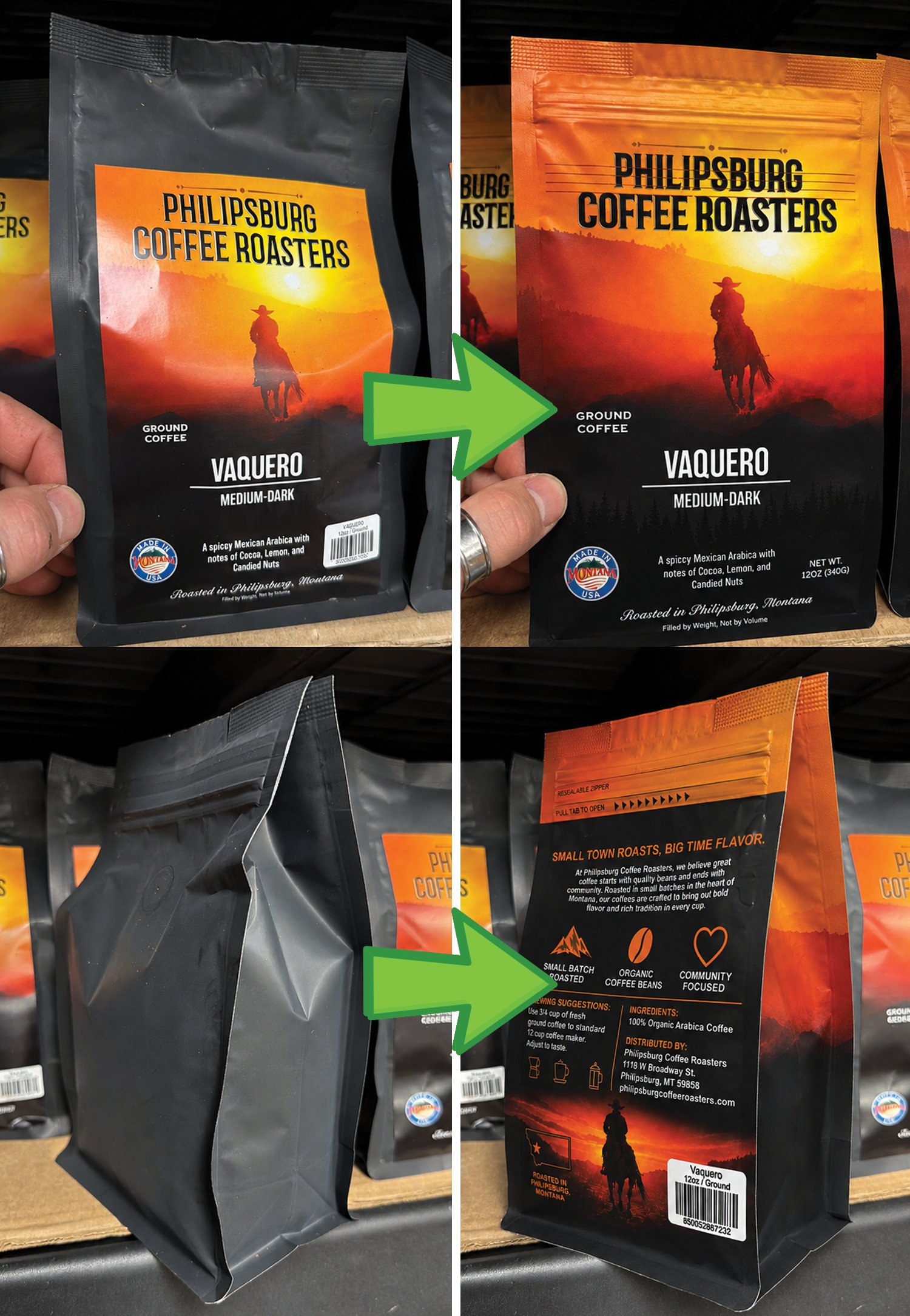 Before and after: labeled stock coffee bag versus direct print box pouch, front and back
